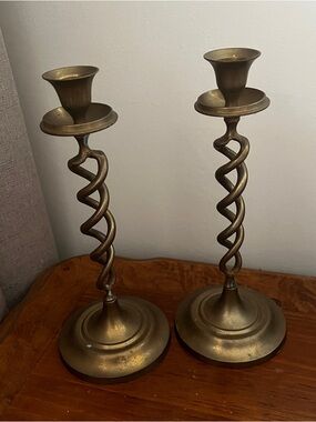 Vintage Pair of Brass Candlesticks Open Barley Twist Spiral 10.25“ Tall MCM mid